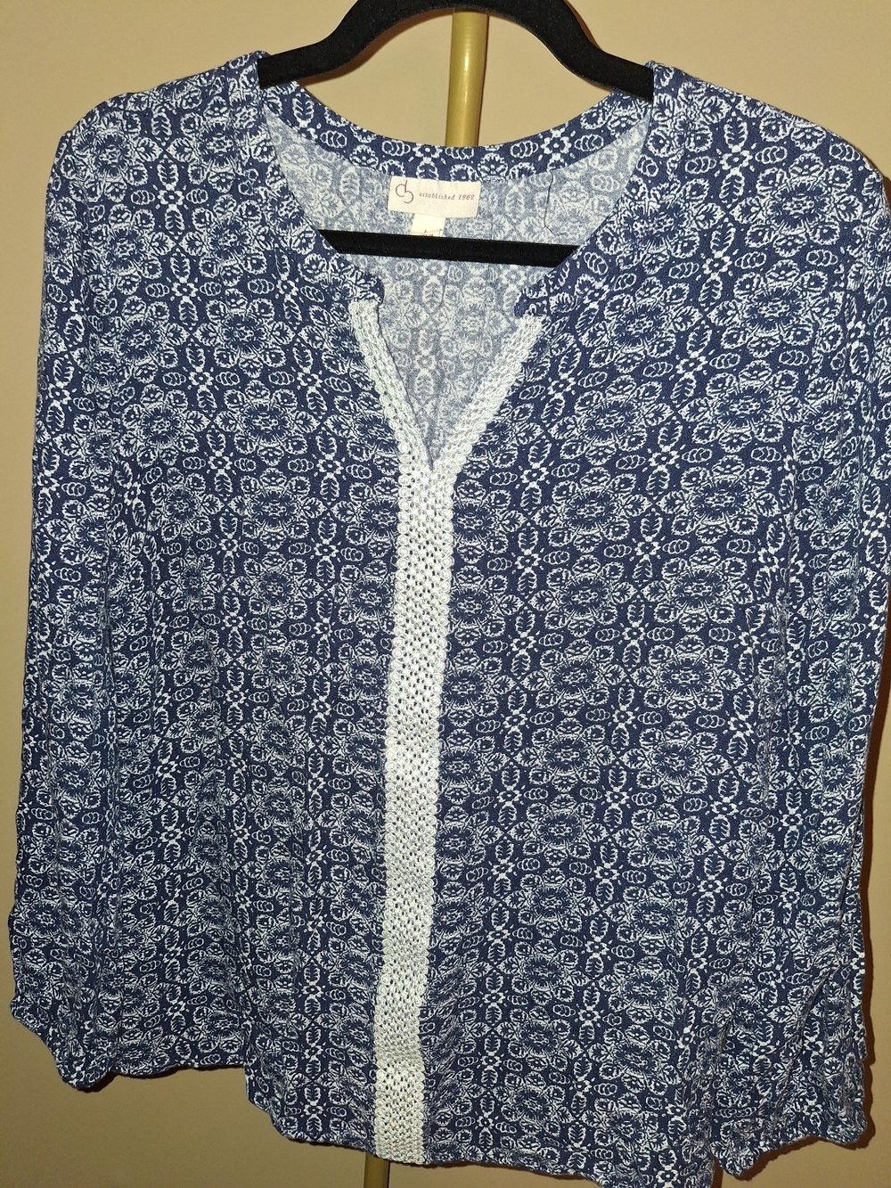 Taylor & Sage Navy and White Printed Split Neck Top
